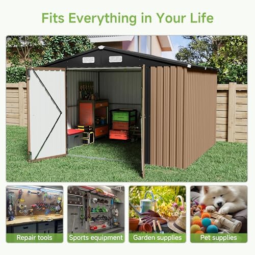 Real Relax 10x10 FT Metal Storage Shed, Large Outdoor Shed with Reinforced Frame & Heavy Wind/Snow Resistance, Secure Lock, for Backyard/Garden, Stores Tools & Materials, Brown — view 7