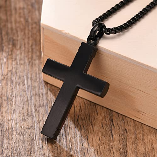 Ropartman Wooden Cross Necklace For Men, 【Hand-Inlaid Real Pear Wood】 Christian Black Stainless Steel Wood Crucifix Pendant For Boy, Free Necklace 24" Round Box Chain #TOP5