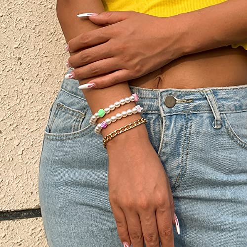 Set de 3 bracelets chaînes perles d'imitation et pendentifs fleurs - 4