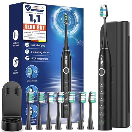 Spazzolino Elettrico Sonico per Adulti con 8 Testine - Spazzolino Denti Sonico per Adulti con Custodia da Viaggio, 5 Modalità, Spazzolino Elettrico da Viaggio Ricaricabile, Nero Opaco