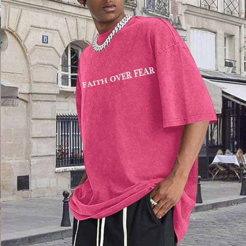 Image of Christian Faith Over Fear Shirt for Men Jesus Religious Shirts Oversized Graphic Tees Acid Wash God T-Shirt