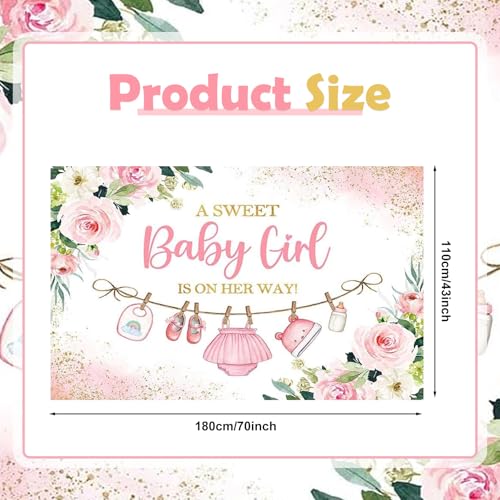 SKTMH Cute Clothes Baby Shower Backdrop for Girls, A Sweet Baby Girl is On Her Way Banner, Watercolor Pink Floral Sweet Little Girl Baby Shower Party Decorations Banner Supplies Photo Booth Props by SKTMH - Used condition - Image 2