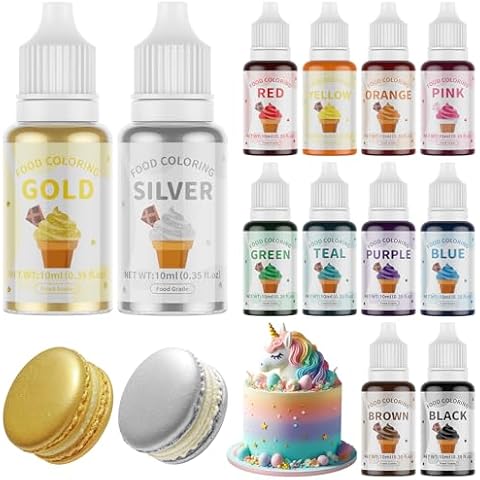 12 Food Coloring Set,10 Colors Vibrant Food Dye & 2 Edible Metallic Gold Paint Food Grade Tasteless Liquid Baking Food Coloring for Cake Fondant Icing Making DIY Supplies Kit - 0.35 Fl. oz/Bottles Cover