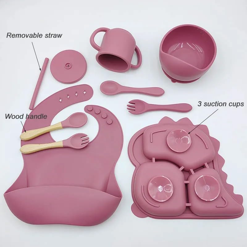 Personalized Baby Name Dinosaur Feeding Set 8Pcs, Custom Name Baby Silicone Weaning Set, Feeding Set With Name BPA Free