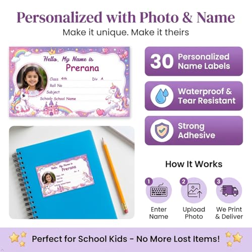 Image of Personalized Name Labels for Kids | Custom Photo Name Stickers for School Books, Notebooks | Waterproof Self Adhesive Book Labels (30 Pcs) | Name, Class, Div, School | 3.5 x 2 Inch (GDS-2)