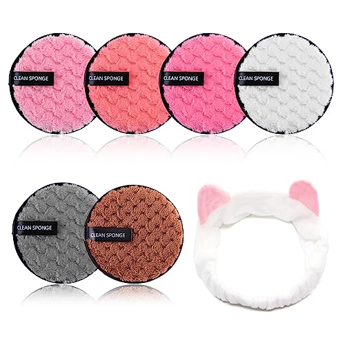 6 Pcs Coton Demaquillant Lavable,Disque Démaquillant Réutilisable,Tampons Démaquillants Lavable,avec Bandeau de Cheveux,pour Lavage du Visage,Soins de la...