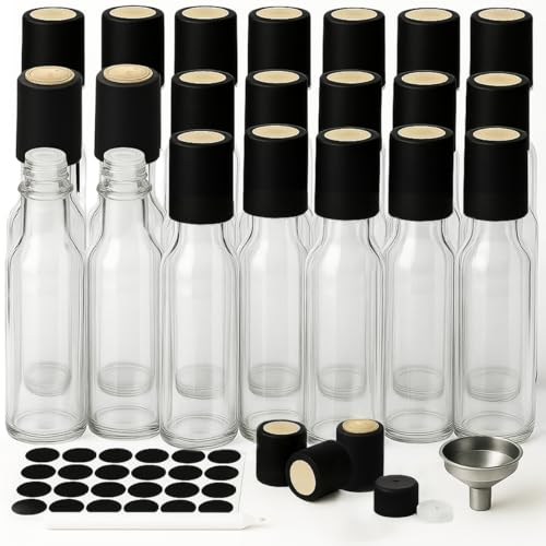 WERTIOO Hot Sauce Bottles 21-Pack 5oz Round Small Glass Bottles with Caps & Funnel - Reusable Mini Sauce Containers for Chili Oil, Vinegar, Gift Favors - Leakproof & Label-Ready