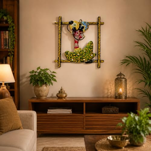 Image of iHandikart Handmade Metal Wall Art Sculpture for Home Decor | Traditional Rajasthani Folk Dancer Wall Hanging | Hand-Painted Iron Wall Art with Stone Work | Living Room & Bedroom Decor| 9 x 9 Inch