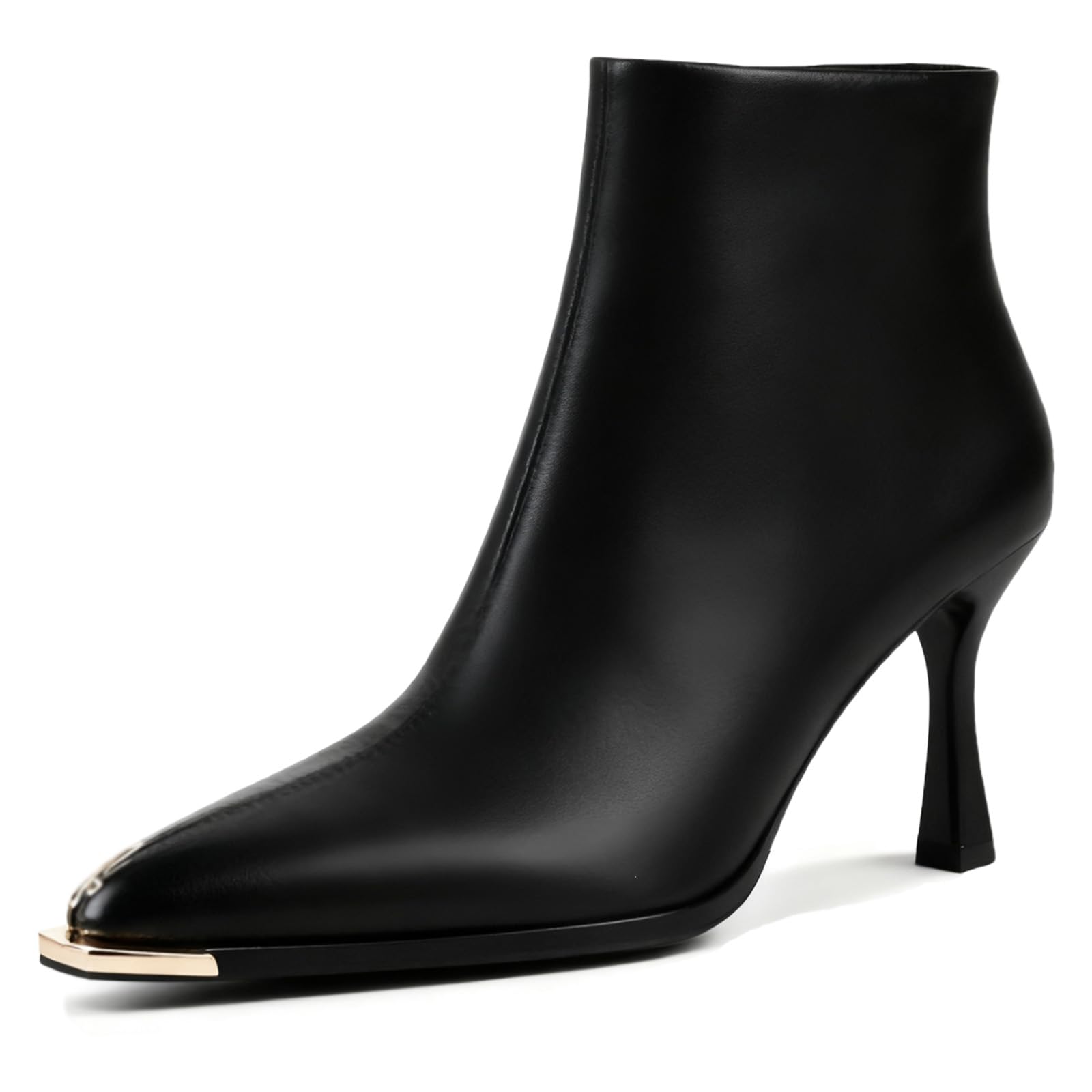 Pointed Toe Stiletto Ankle Boots for Womens Leather Metal Cap toe Kitten Heel Sexy Dress Booties with Side