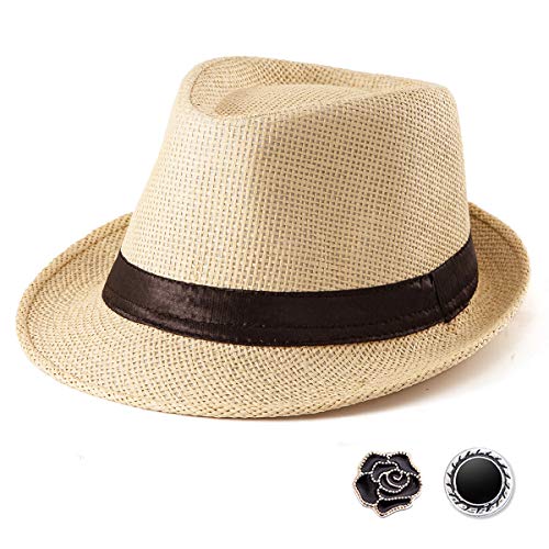 Image of LADYBRO Straw Trilby Fedora Hat for Men 1920s Short Brim Wool Felt Panama Cap 7 1/4