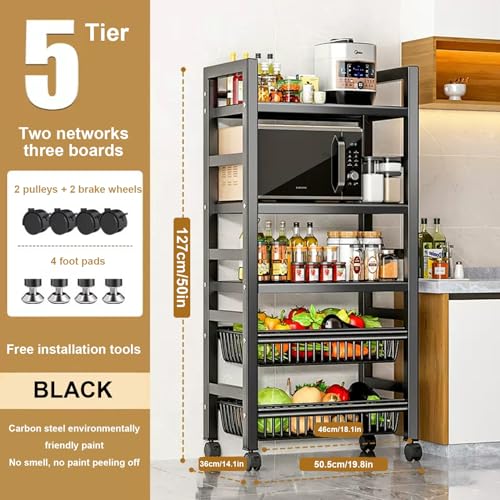Carrello da Cucina con Ruote, Carrello per microonde con Contenitore - Scaffale da Cucina, Ripiani e Ripiani Regolabili, Ripiani in Metallo robusti con Ruote, Carrello per Frutta e Verdura