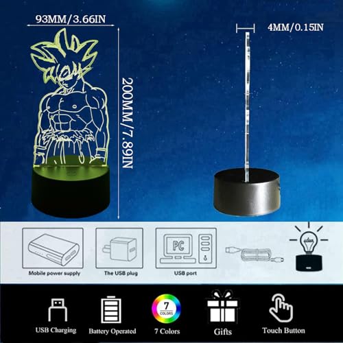 BIRBANN Lampara Goku Luz De Noche Para Niños,Control Táctil Inteligente 7 Colores Luces LED, Lampara Dragon Ba Ilusión Manga,para Niños Y Niñas Decoración Habitaciones Regalo De Cumpleaños