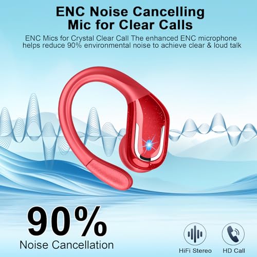 Image of Ltinist Wireless Earbuds, 75hrs Bluetooth 5.4 Headphone Sport, Bluetooth Earbuds Deep Bass Over Ear Buds with Earhooks, ENC Noise Cancelling Earphone Mic, IP7 Waterproof for Workout /Running /Gym Red