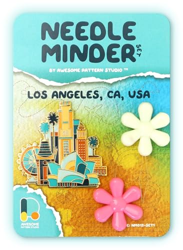 Image of Awesome Pattern Studio Needle Minder Set - Los Angeles Magnetic Needle Minder + 2 Needle Threaders. Enamel Pin for Cross Stitch, Embroidery and Craft