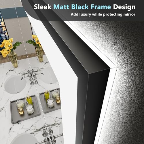 Image of 24x32 Black Framed LED Bathroom Mirror with Lights, Backlit and Front Lit Anti-Fog Lighted Vanity Mirror for Bathroom Wall, Dimmable, 3 Colors, Memory, Shatter-Proof, HD Tempered Glass, CRI 95