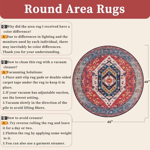 SERISSA Boho Round Area Rug, 4ft Washable Non-Slip Circle Rug, Ultra Soft Oriental Vintage Rust Low-Pile Small Circular Carpet for Bedroom Entryway Kids Room Office College Dorm Living Room