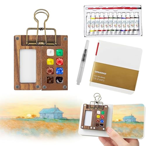 5 Pcs Portable Watercolor Palette - 8 Grids Travel Watercolour Paint Set Portable Travel Painting Set Lid Foldable Wooden Palette Sketchbook Brush Watercolour for Painting Lovers