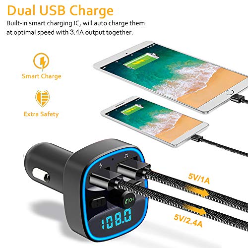 Bovon Bluetooth FM Transmitter for Car, Bluetooth Car Adapter MP3 Player FM Transmitter Receiver, Hands Free Calling, Dual USB Ports (5V/2.4A & 1A), led Display, Support SD Card USB Flash Drive - Thumbnail 2