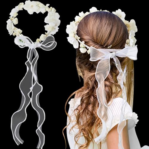 Cindeer Haarband Kommunion Haarschmuck für Mädchen Haarkranz mit Weißen Blüten Verstellbarer Blumenkranz Kopfschmuck mit Perlen Band und Schwarzen Haarnadeln für Blumenkind Hochzeit