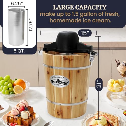 Elite Gourmet EIM916 Old Fashioned 6 Quart Vintage Wood Bucket Electric Ice Cream Maker Machine Appalachian, Bonus Classic Die-Cast Hand Crank for Churning, Uses Ice and Rock Salt by Elite Gourmet - Image 7
