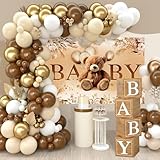 Teddy Bear Baby Shower Decorations-111Pcs Wood Grain Boxes,Brown Balloons Arch Kit and Teddy Bear ' BABY' Backdrop for We Can Bearly Wait Baby Shower Decorations,Birthday Party Supplies,Gender Reveal