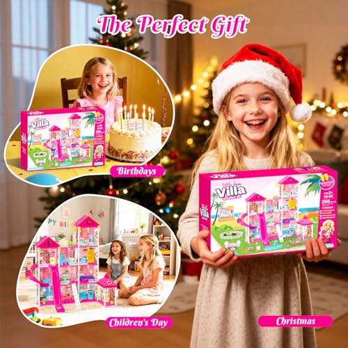 Image of 4-Story Doll House Large DIY Playhouse for Girls, Little Girl Dream House with Furniture, Animals Play Area & 2 Princesses Slide, Creative Construction Toy for Birthdays & Christmas