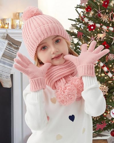 Image of Kids Winter Hat Scarf Gloves Set - Girls Boys Fleece Lined Beanie Hat with Pom Knit Scarf Warm Mittens for Children