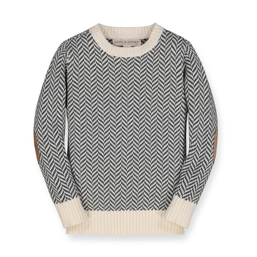 Hope & Henry Baby Boys' Organic Long Sleeve Intarsia Crew Neck Sweater with Elbow Patches, 6-12 Months, Charcoal and Ivory Herringbone