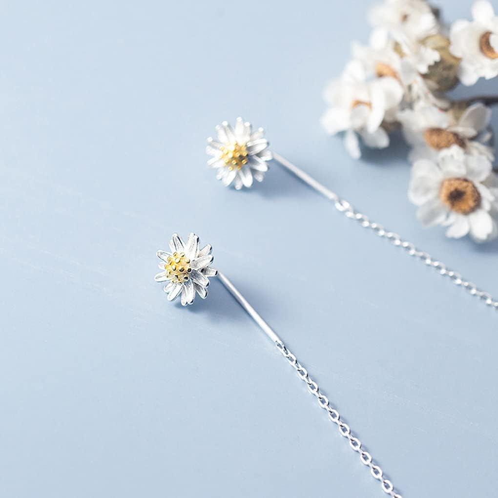 SLUYNZ 925 Sterling Silver Daisy Flower Earrings Dangle Chain for Women Teen Girls Flower Long Dangle Threader Earrings Tassel