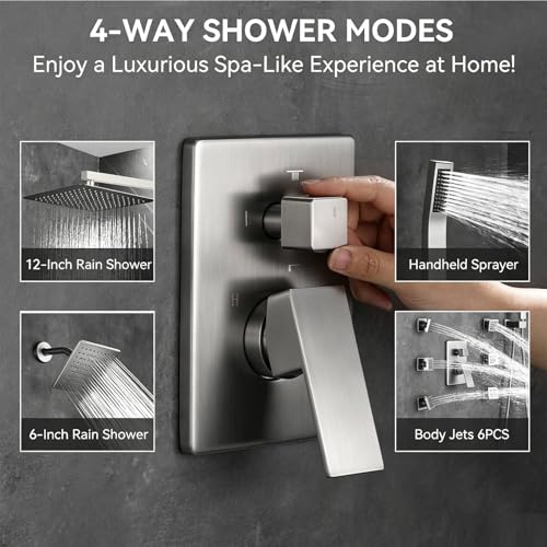 Image of Shower System Brushed Nickel Dual Shower Head with Body Jets, Oupukle Four Modes Shower Faucet Set Wall Mounted 12 inch & 6 inch Rain Shower Head with 6PCS Body Jets