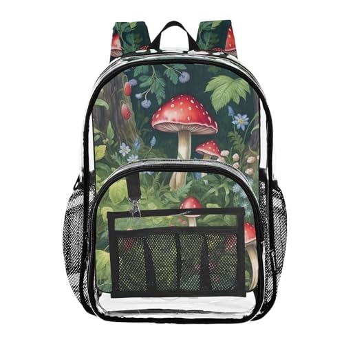 Green Mushroom Flower Clear Backpack with Back Print, Heavy Duty See Through Backpacks PVC Transparent Daypack for Travel Security