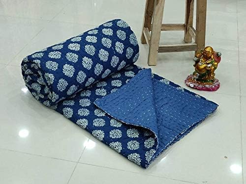 Traditional Jaipur Blue Indigo Block Print Kantha Quilt Duffle Blanket Indian Blanket Kantha Stitched Jaipuri Rajai (90 x 108 Inches(King))