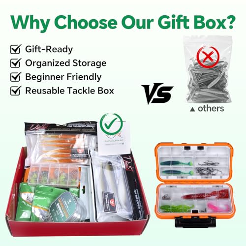 Image of Fishing Lures Kit for Men Women, Soft Bait Tackle Box Set in Red Gift Box, Complete Fishing Gear with Pendant Keychain, for Freshwater Bass Trout Saltwater
