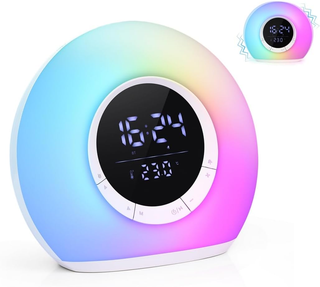 Kids Sleep Training Clock, Led Wake-Up Light with RGB Effects, Adjustable Brightness, Speaker