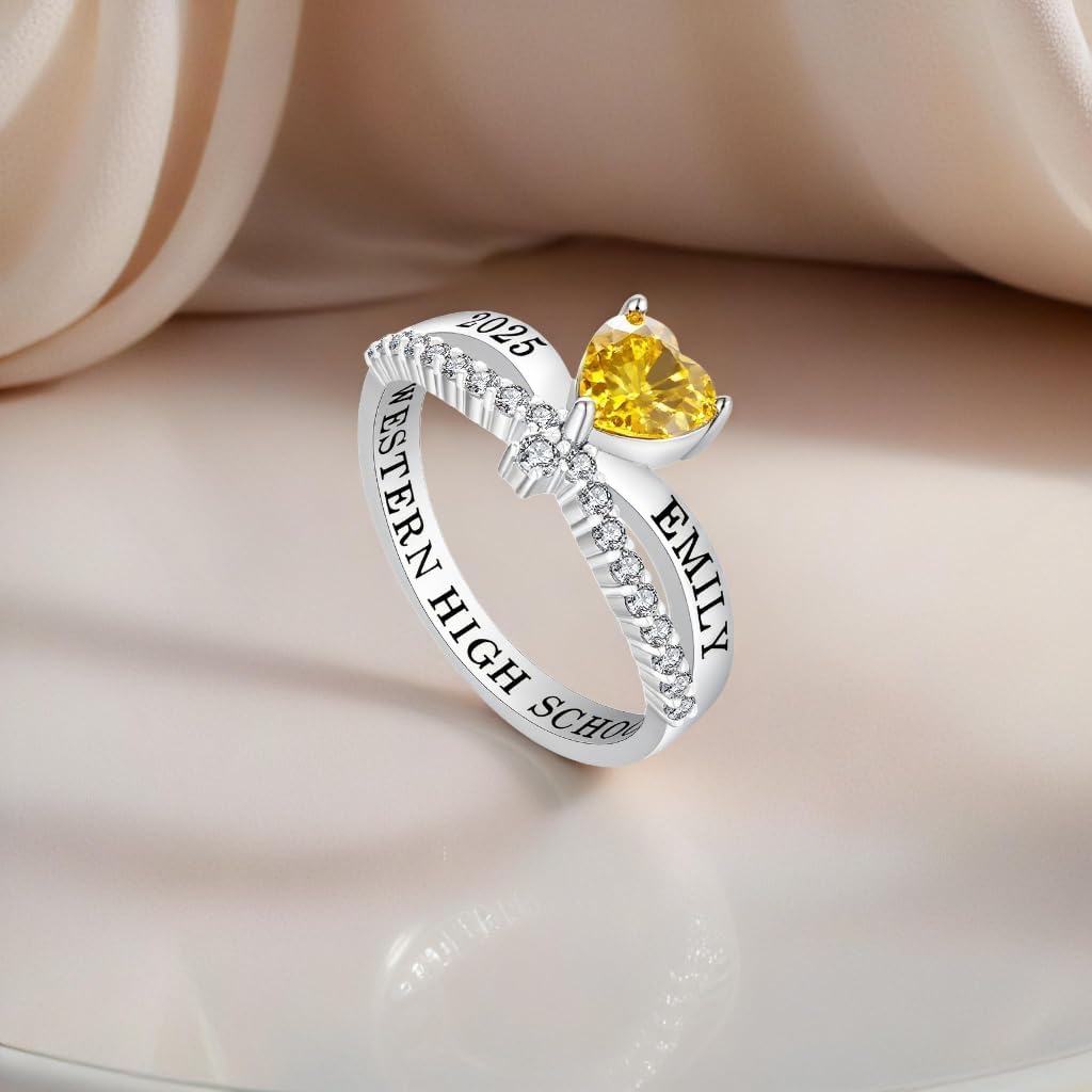 Class Ring for Women High School College University Class Rings Customizable Sterling Silver/10K/14K/18K Gold Graduation Ring Personalized Birthstone Rings Graduation Gifts Jewelry for Her Size 5-15