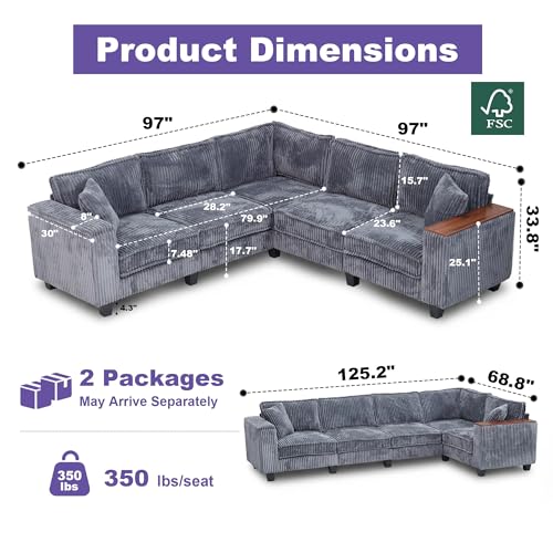 Image of 126 inch L Shaped Sectional Couch, Comfy Corduroy Sectional Couch, Modular Convertible V Shaped Couch, 5 Seat Corner Sofa with 2 Pillows & Storage Armrests for Living Room, Gray