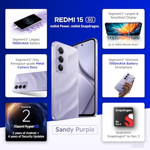 Image of Redmi 15 5G Sandy Purple 8GB + 128GB | Segment's Largest 7000mAhA Battery | Segment's Largest Display 17.53cm(6.9) Up to 144Hz | Snapdragon 6s Gen 3 | 18W Reverse Charging | 50MP AI Dual Camera