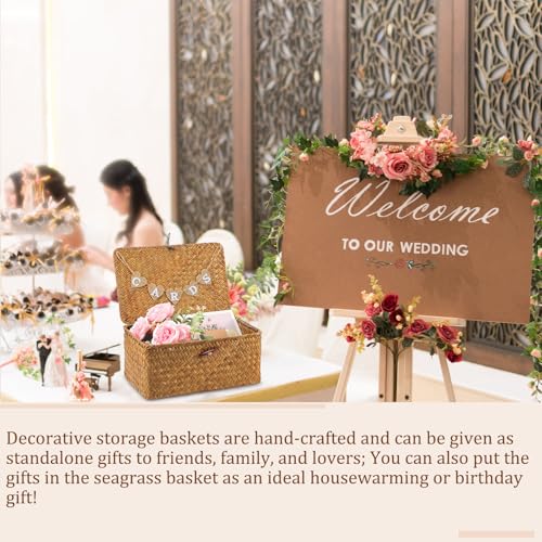 Image of Geelin Sea Grass Wedding Card Basket With Letter Flag Decorative Wedding Card Woven Post Box Suitable For Baby Showers Birthdays Graduation Ceremonies Bridal Showers (11 Inch,Natural Color)