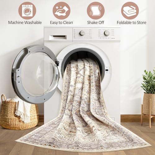 Runner Rug Kitchen Washable Rugs: 3x8 Non-Slip Boho Soft Vintage Stain Resistant Indoor Floor Neutral Farmhouse Throw Carpet for Hallway Bathroom Laundry Room Entryway Bedroom- Brown