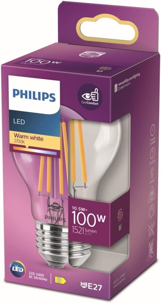 Philips LED Classic A60 Light Bulb [E27 Edison Screw] 10.5W - 100W Equivalent, Warm White (2700K), Non Dimmable