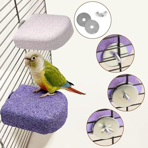 Image of Pet Teeth Grinding Stone and Perch, Bird Perch Stands, Natural Chewing Toys for Small Medium Birds Budgies Conures Cockatiels Rats, Cyan and Purple