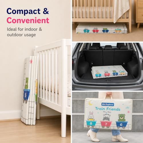 Image of MiniExplorer Double-Sided Waterproof Baby Floor Mat | Extra Large 6.5 x 4.5 ft | 8mm Thick Foam Play Mat | BPA Free, Foldable, Reversible Crawling & Tummy Time Mat for Babies & Kids - Alphabet & Train