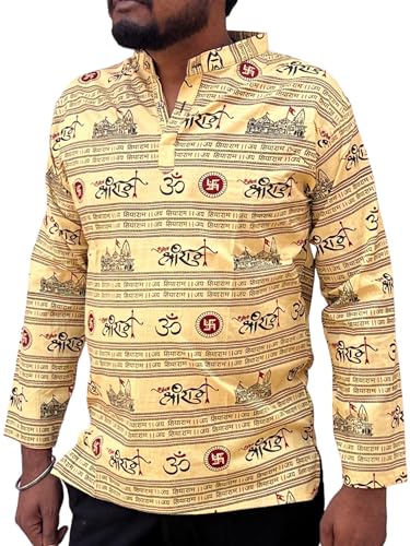 Image of Printed Jai Shree Ram Kurta for Men & Boys Full Sleeve Printed Ram Janm Bhumi Temple & Jai Shri Ram Short Kurta (Only Kurta) 100% Cotton