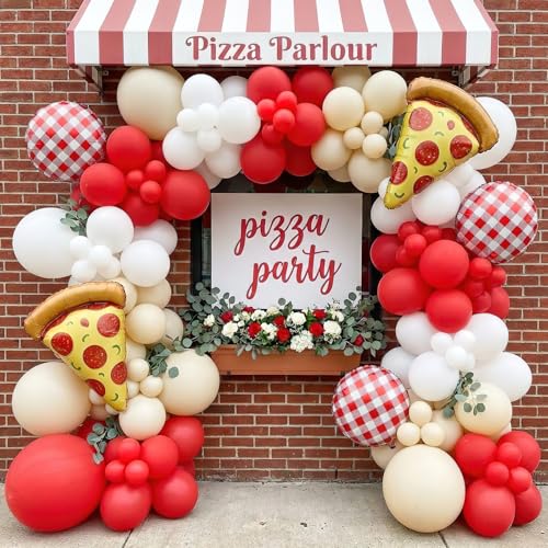 132PCS Pizza Party Balloon Arch Kit Red White Sand White Latex & Gingham Checkered Foil Balloons with Pizza Foil Mylar for Italian Theme Birthday Baby Shower Christmas New Year Decorations