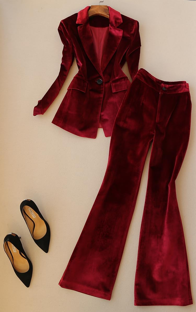Women's 2 Pieces Velvet Suit Office Work Notch Lapel One Button Jacket Pants Business Tuxedos Set