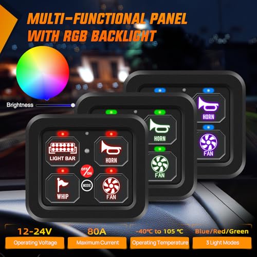Image of Nilight 4 Gang Switch Panel RGB 12V 24V Circuit Control Relay System | Fuse Wiring Harness Automatic Dimmable LED Pod On /Off Momentary Strobe Modes Universal for Car Pickup Truck Camper SUV