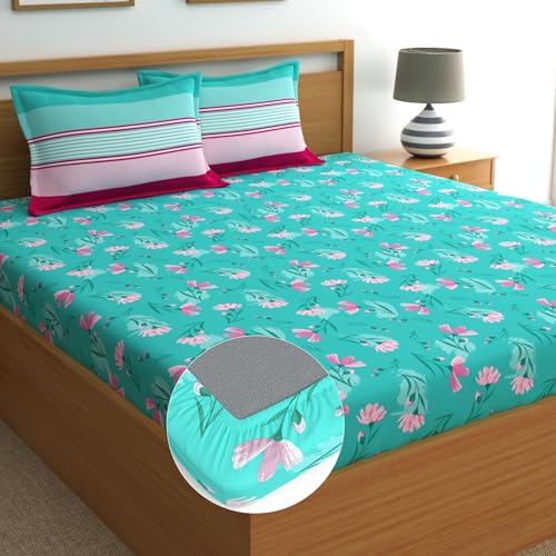 Image of Dreamscape 100% Cotton Queen Fitted Bedsheet with 2 Pillow Covers - (Size 60 x 78 inches, 140 TC, Colour - Sea Green)