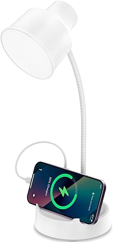 Energetic - Lámpara de escritorio LED con soporte para teléfono, lámpara de mesa con salida de CA, cuello de cisne flexible ajustable, 4000 K, luz