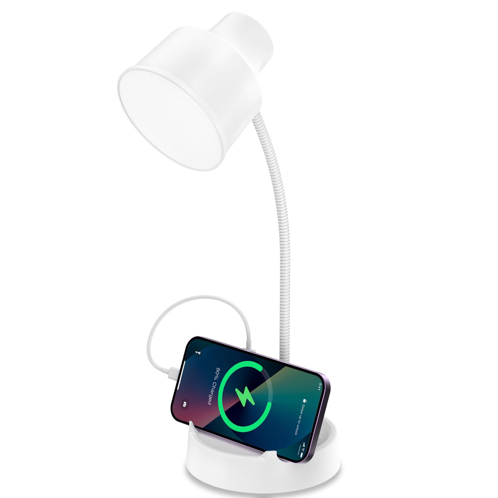 Energetic LED Desk Lamp with Phone Holder, Table Lamp with AC Outlet, Adjustable Flexible Gooseneck, 4000K, Eye-Care Reading Light for Bedroom, Study, Computer Desk, Living Room, Home Office, White