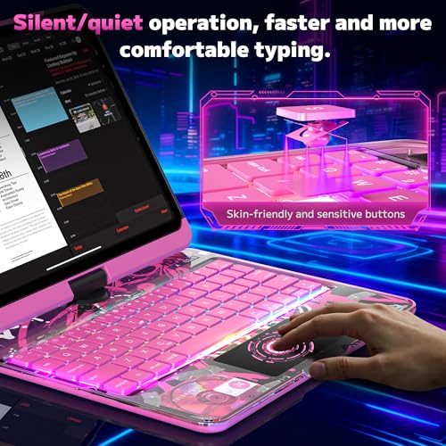 Image of Clear Keyboard Case for iPad Pro 11 Inch (M4 /M5 2024 /2025) 360 Swivel Multi-Touch Trackpad,with Wireless Bluetooth 3-Brightness & 7-Color Backlit, Pencil Holder tecla de acceso directo Pink